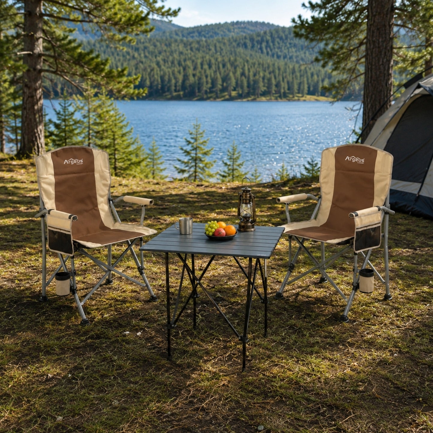 2 Adet Katlanır Kamp Sandalyesi ve Alüminyum Masa Seti - Rustic Silver - Kum