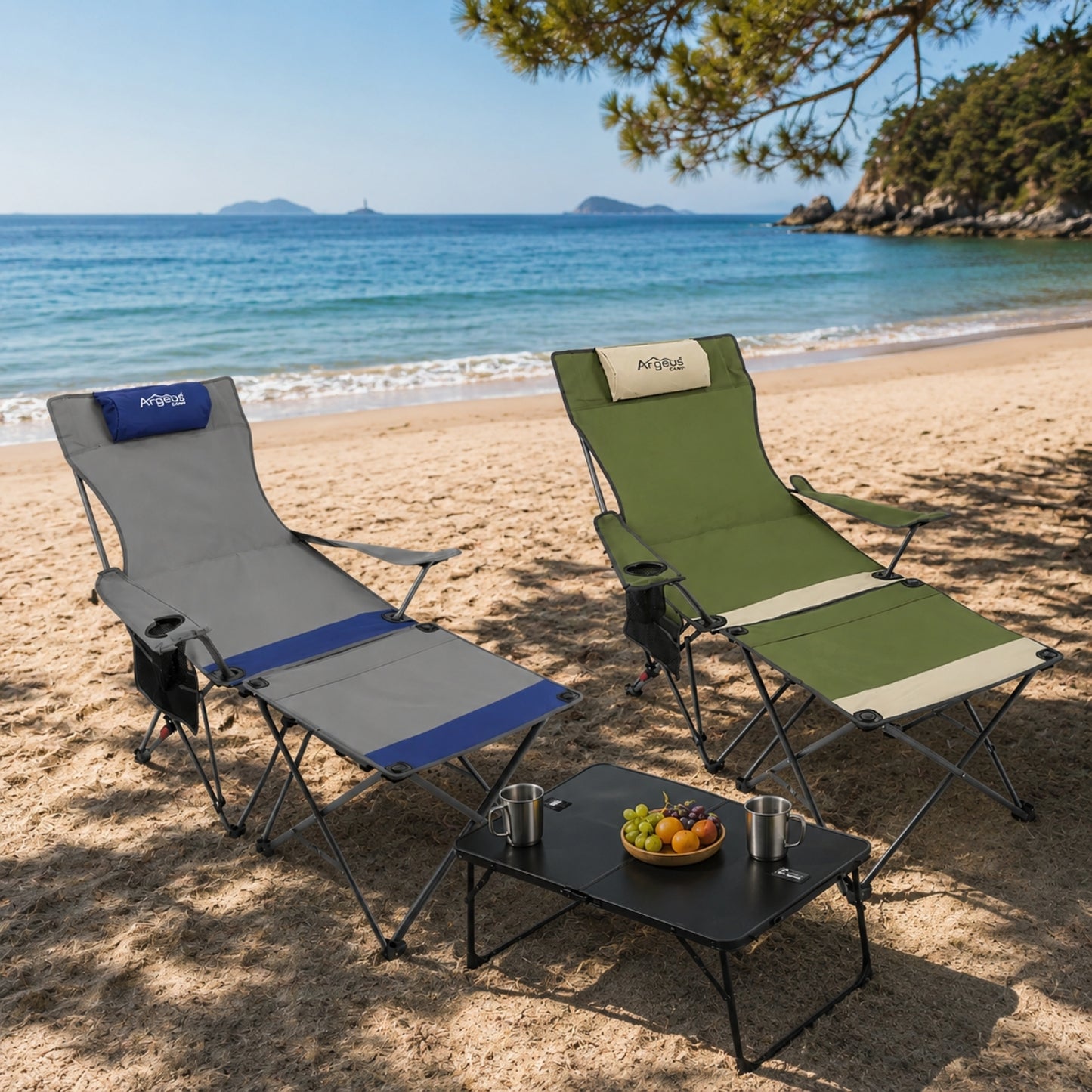 2 Adet Şezlong Kamp Sandalyesi ve Masa Seti - Plaj Seti - Lounge Elevate