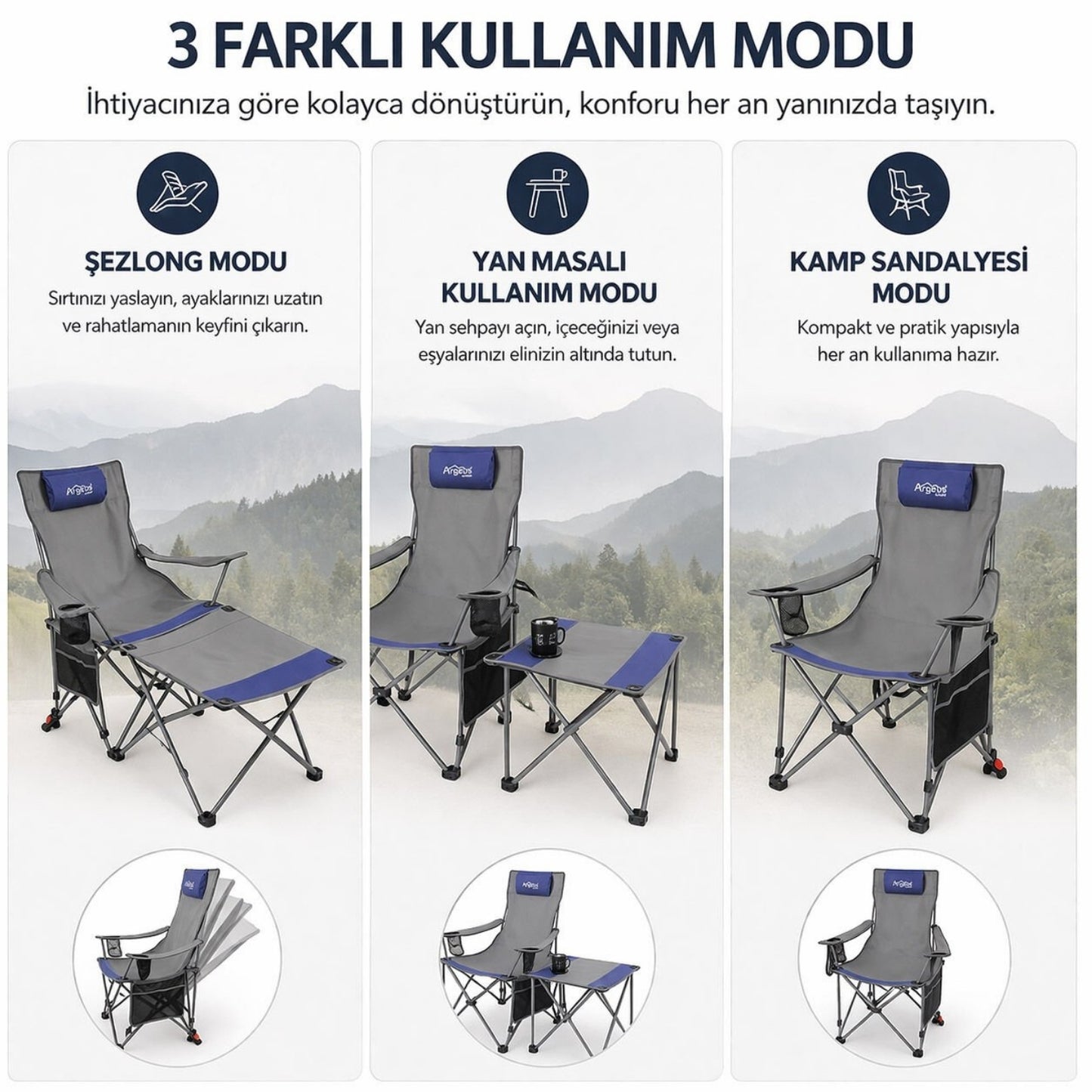 2 Adet Şezlong Kamp Sandalyesi ve Masa Seti - Plaj Seti - Lounge Elevate - Mavi