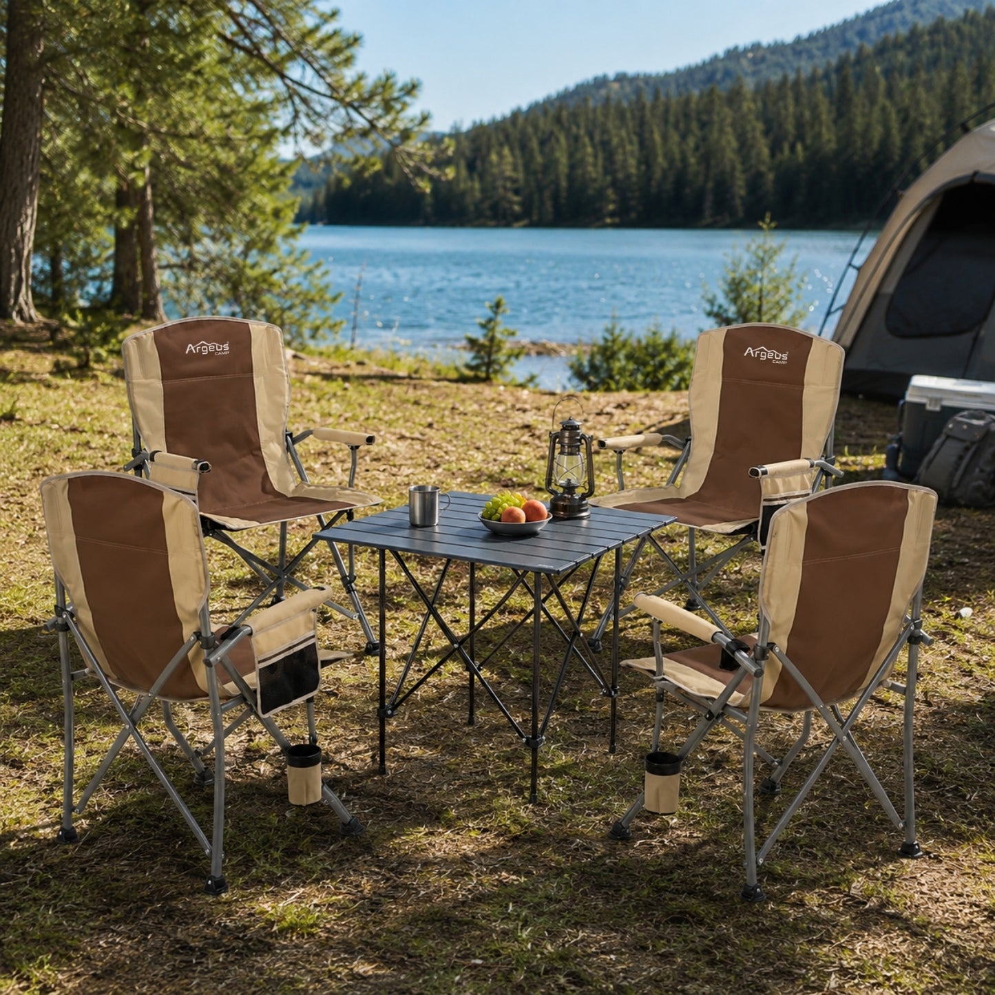 4 Adet Katlanır Kamp Sandalyesi ve Alüminyum Masa Seti - Rustic Silver - Kum