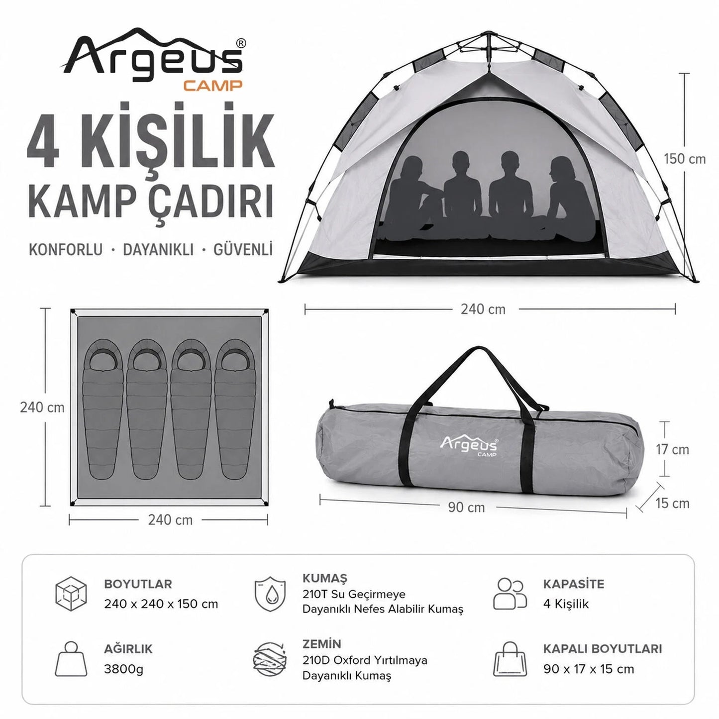 4 Kişilik Otomatik Kurulum Kamp Çadırı - 240x240x150cm - Argeus Infinity