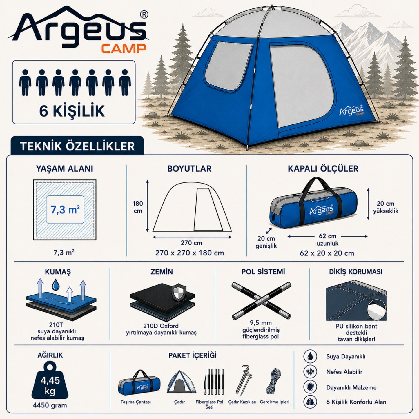 6 Kişilik Gazebo Kamp Gölgeliği - Kamp Çadırı - 270x270x180cm - Argeus Skydome