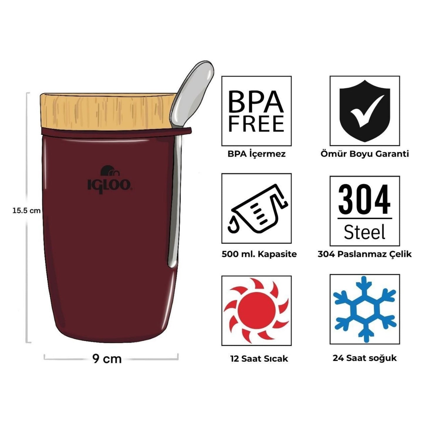 Çelik Yemek Termos - Igloo - Bamboo - 500 ml - Bordo - 205789