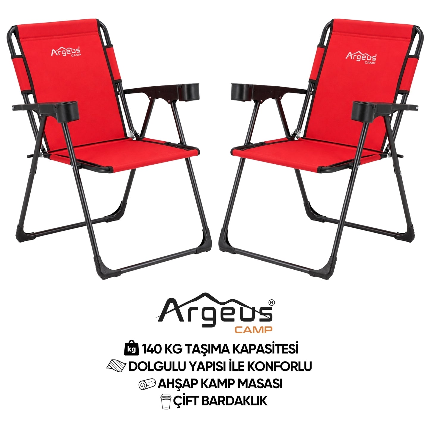 2 Adet Katlanır Kamp Sandalyesi Seti - Rock Plus - Kırmızı