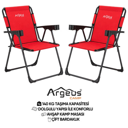 2 Adet Katlanır Kamp Sandalyesi Seti - Rock Plus - Kırmızı