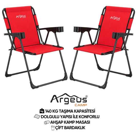 2 Adet Katlanır Kamp Sandalyesi Seti - Rock Plus - Kırmızı