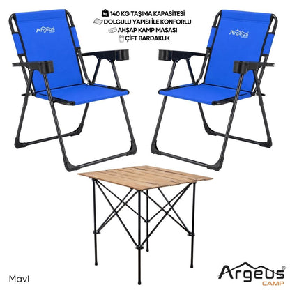 2 Adet Katlanır Kamp Sandalyesi ve Ahşap Masa Seti - Rock Plus - 140KG Taşıma