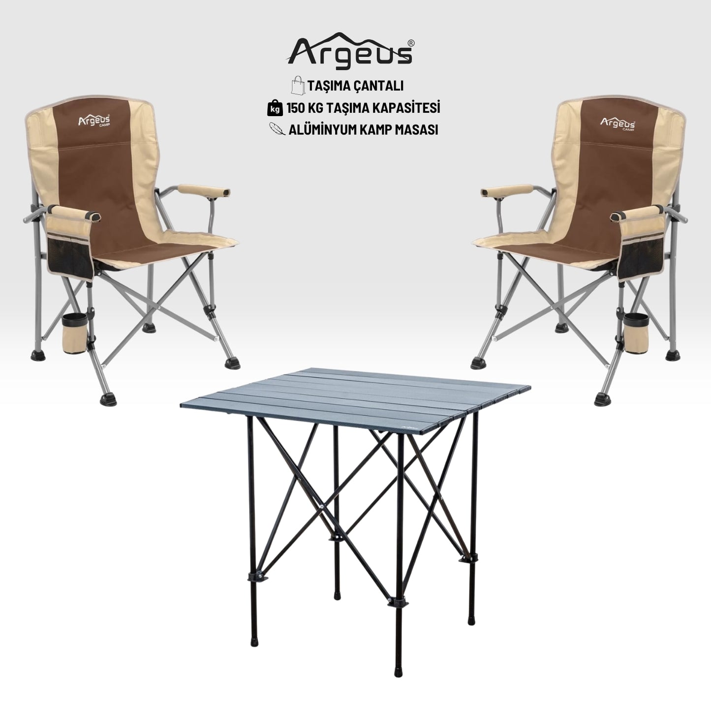2 Adet Katlanır Kamp Sandalyesi ve Alüminyum Masa Seti - Rustic Dark - Kum