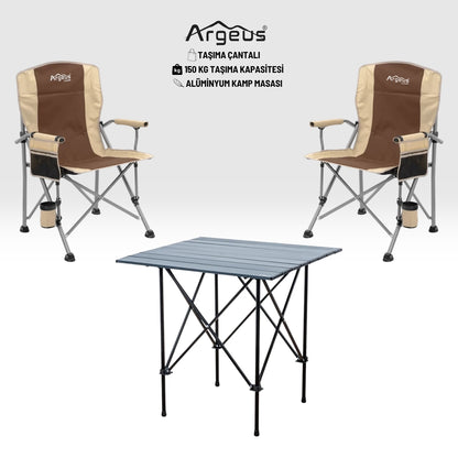 2 Adet Katlanır Kamp Sandalyesi ve Alüminyum Masa Seti - Rustic Dark - Kum