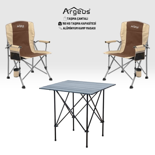 2 Adet Katlanır Kamp Sandalyesi ve Alüminyum Masa Seti - Rustic Dark - Kum