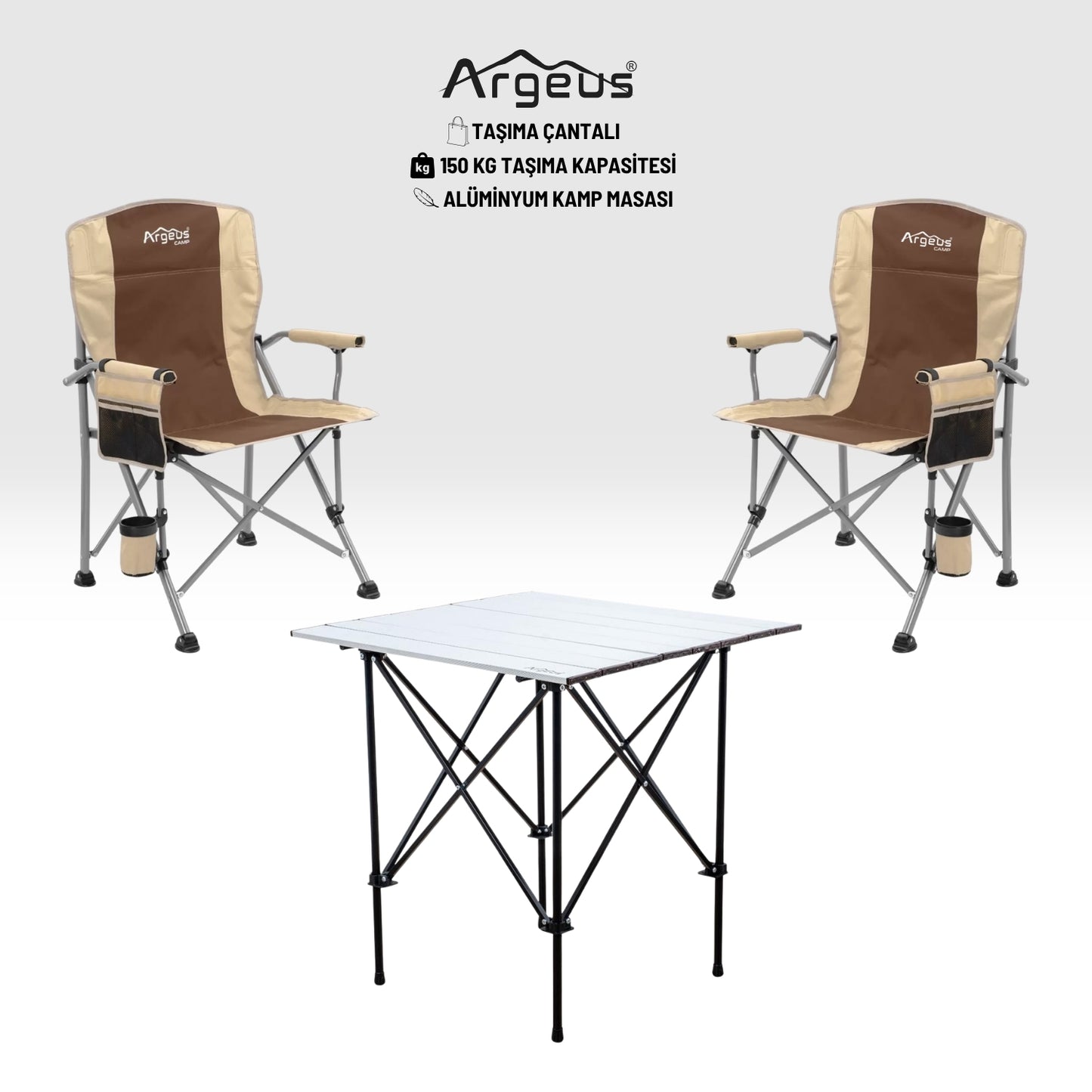 2 Adet Katlanır Kamp Sandalyesi ve Alüminyum Masa Seti - Rustic Silver - Kum