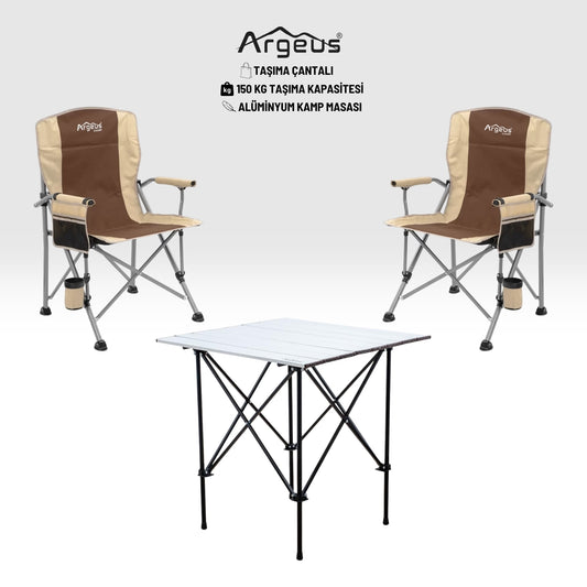 2 Adet Katlanır Kamp Sandalyesi ve Alüminyum Masa Seti - Rustic Silver - Kum