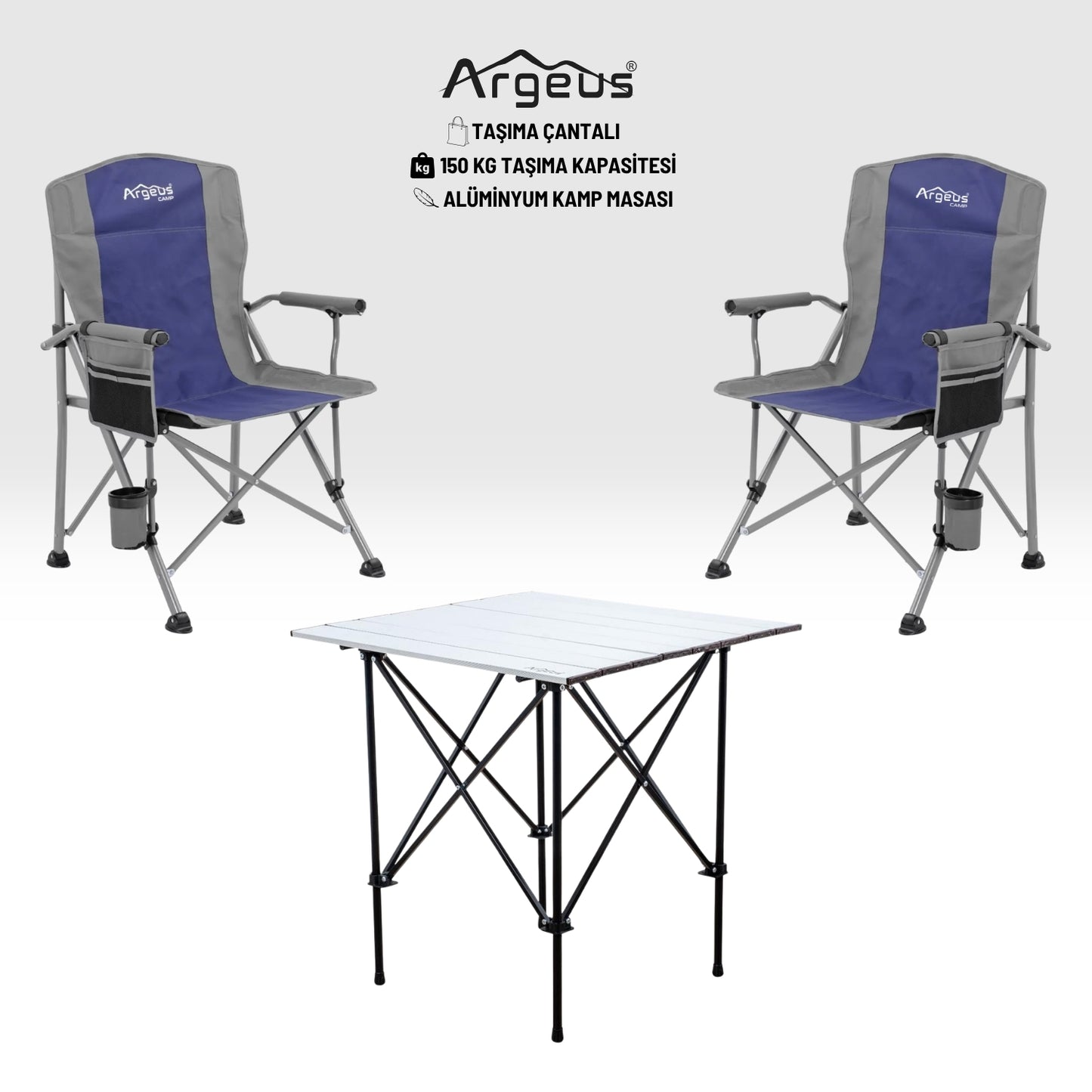 2 Adet Katlanır Kamp Sandalyesi ve Alüminyum Masa Seti - Rustic Silver - Mavi