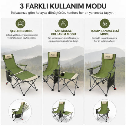 2 Adet Şezlong Kamp Sandalyesi ve Masa Seti - Plaj Seti - Lounge Elevate