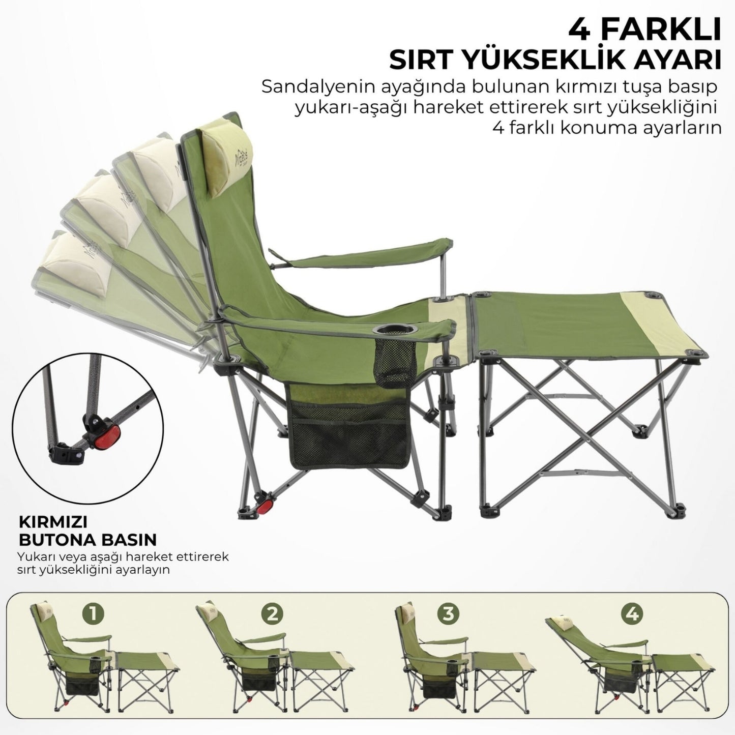2 Adet Şezlong Kamp Sandalyesi ve Masa Seti - Plaj Seti - Lounge Elevate - Haki