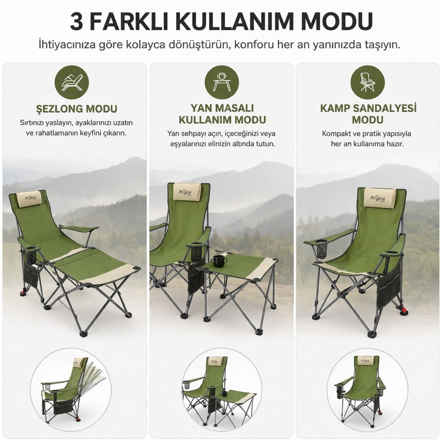2 Adet Şezlong Kamp Sandalyesi ve Masa Seti - Plaj Seti - Lounge Elevate - Haki