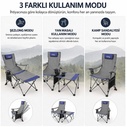 2 Adet Şezlong Kamp Sandalyesi ve Masa Seti - Plaj Seti - Lounge Elevate - Mavi