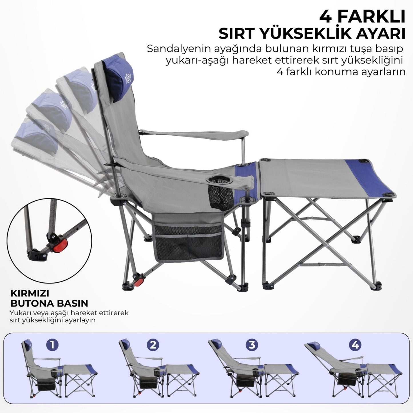 2 Adet Şezlong Kamp Sandalyesi ve Masa Seti - Plaj Seti - Lounge Elevate - Mavi