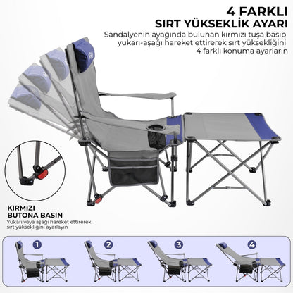 2 Adet Şezlong Kamp Sandalyesi ve Masa Seti - Plaj Seti - Lounge Elevate - Mavi