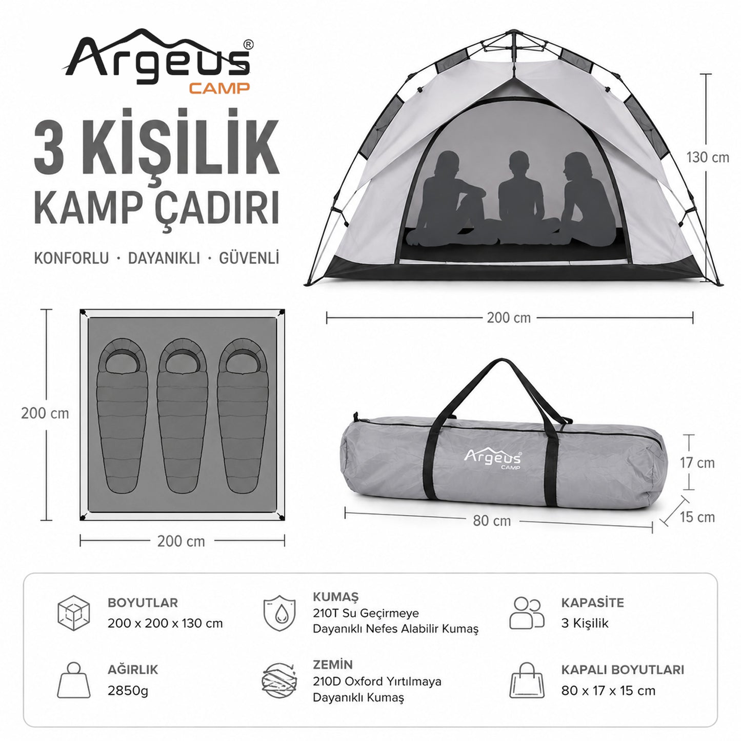 3 Kişilik Otomatik Kurulum Kamp Çadırı Seti - Çadır, Sandalye, Uyku Tulumu, Mat