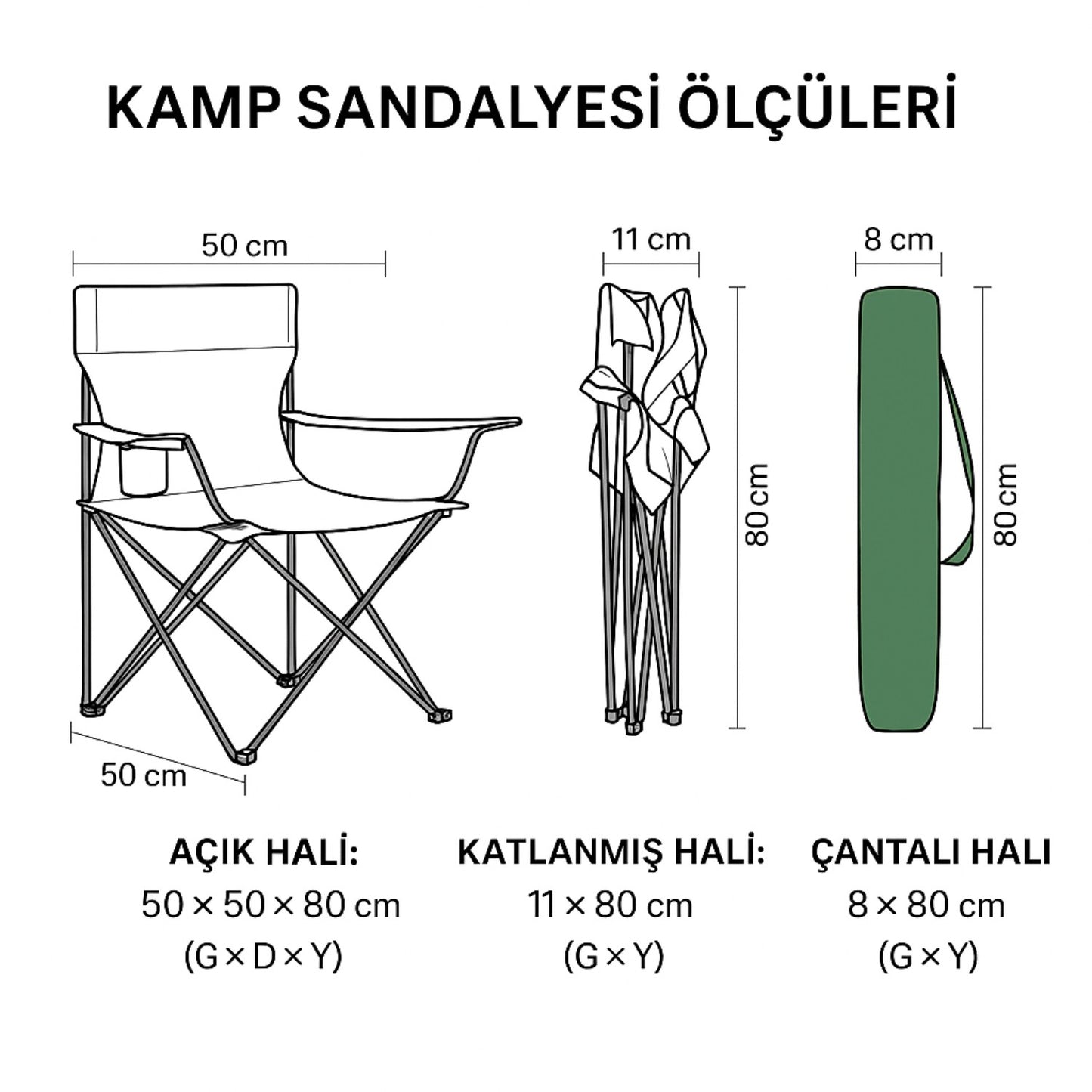 4 Adet Katlanır Kamp Sandalyesi - Piknik Plaj Sandalyesi - (DY.001) - Haki