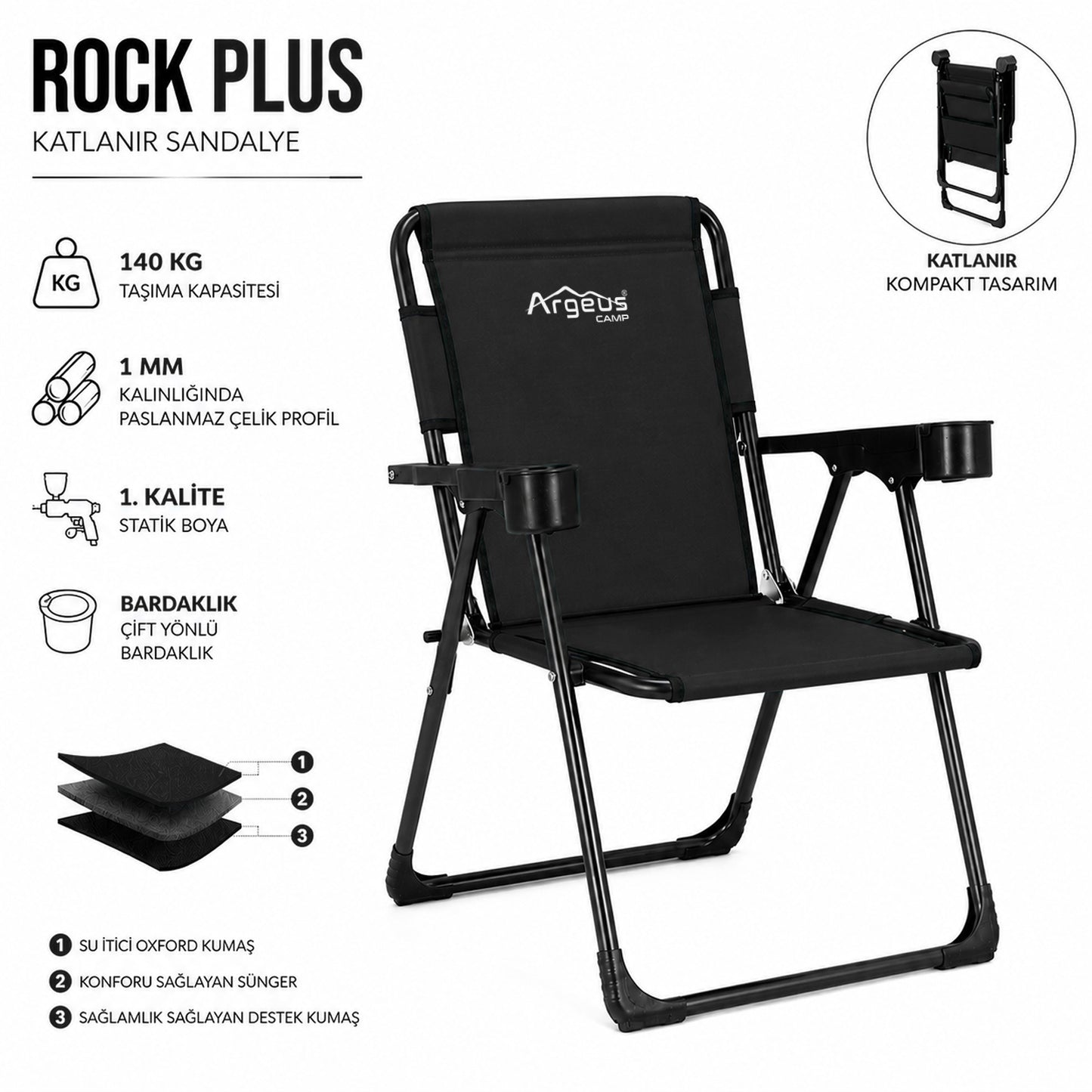 4 Adet Katlanır Kamp Sandalyesi Seti - Rock Plus - Siyah