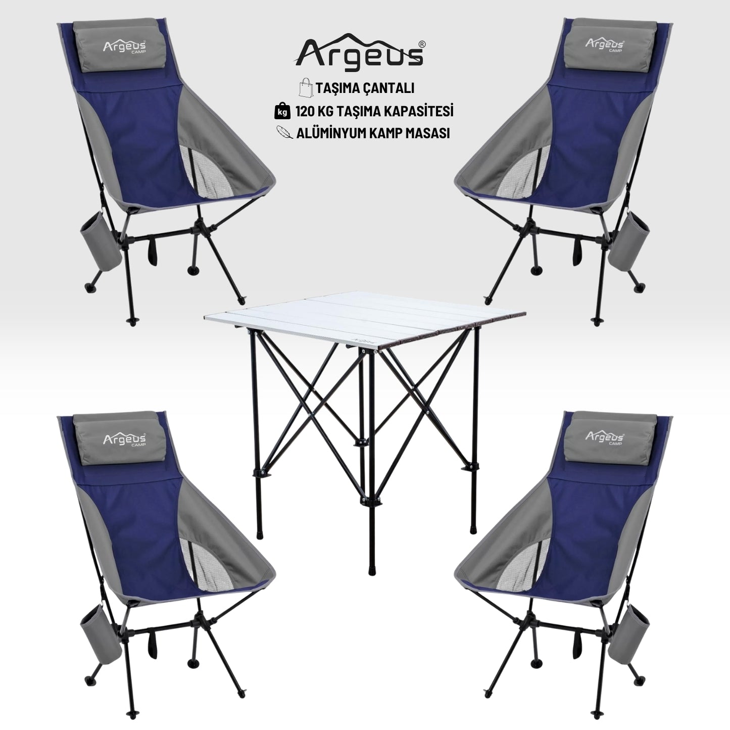 4 Adet Katlanır Kamp Sandalyesi ve Alüminyum Masa Seti - Aero Silver - Mavi