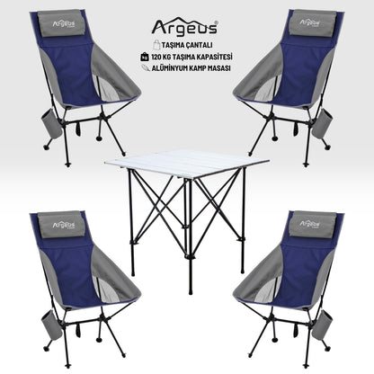 4 Adet Katlanır Kamp Sandalyesi ve Alüminyum Masa Seti - Aero Silver - Mavi