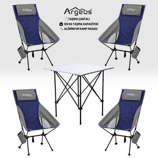 4 Adet Katlanır Kamp Sandalyesi ve Alüminyum Masa Seti - Aero Silver - Mavi