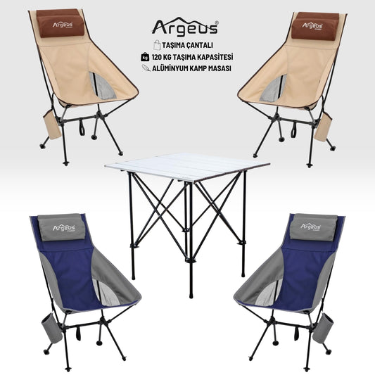 4 Adet Katlanır Kamp Sandalyesi ve Alüminyum Masa Seti - Aero Silver - Mavi/Kum