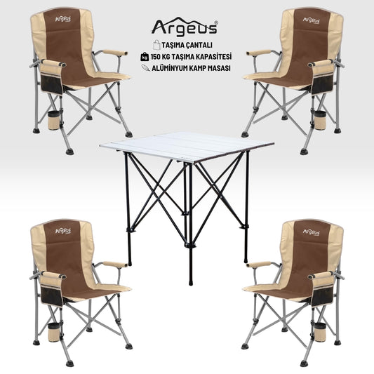 4 Adet Katlanır Kamp Sandalyesi ve Alüminyum Masa Seti - Rustic Silver - Kum