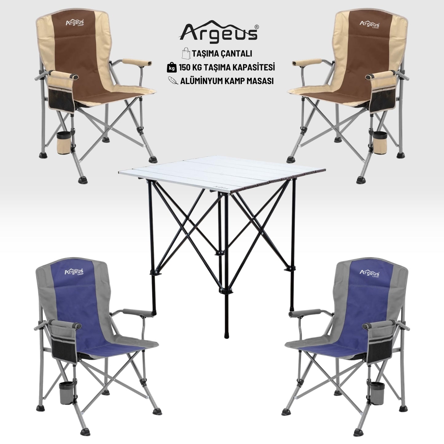 4 Adet Katlanır Kamp Sandalyesi ve Alüminyum Masa Seti - Rustic Silver -Kum/Mavi
