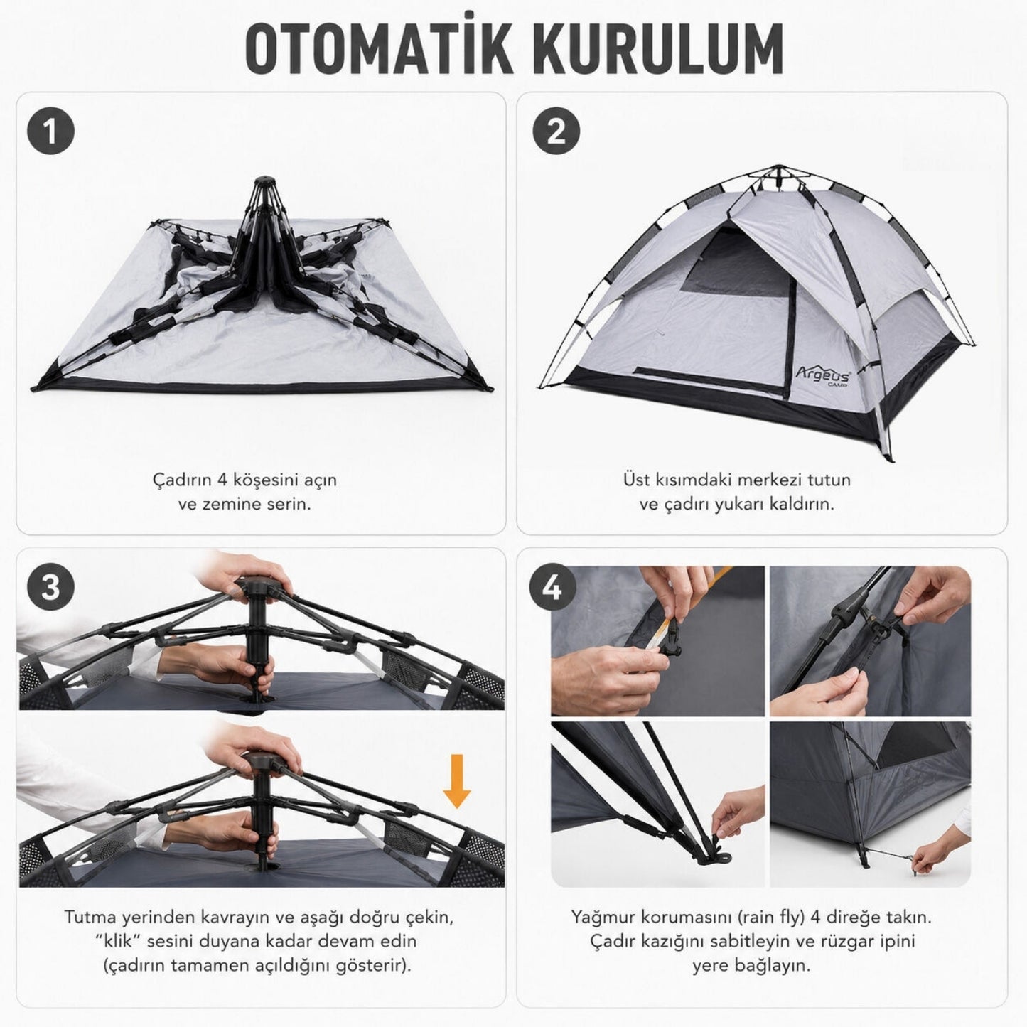 4 Kişilik Otomatik Kurulum Kamp Çadırı - 240x240x150cm - Argeus Infinity