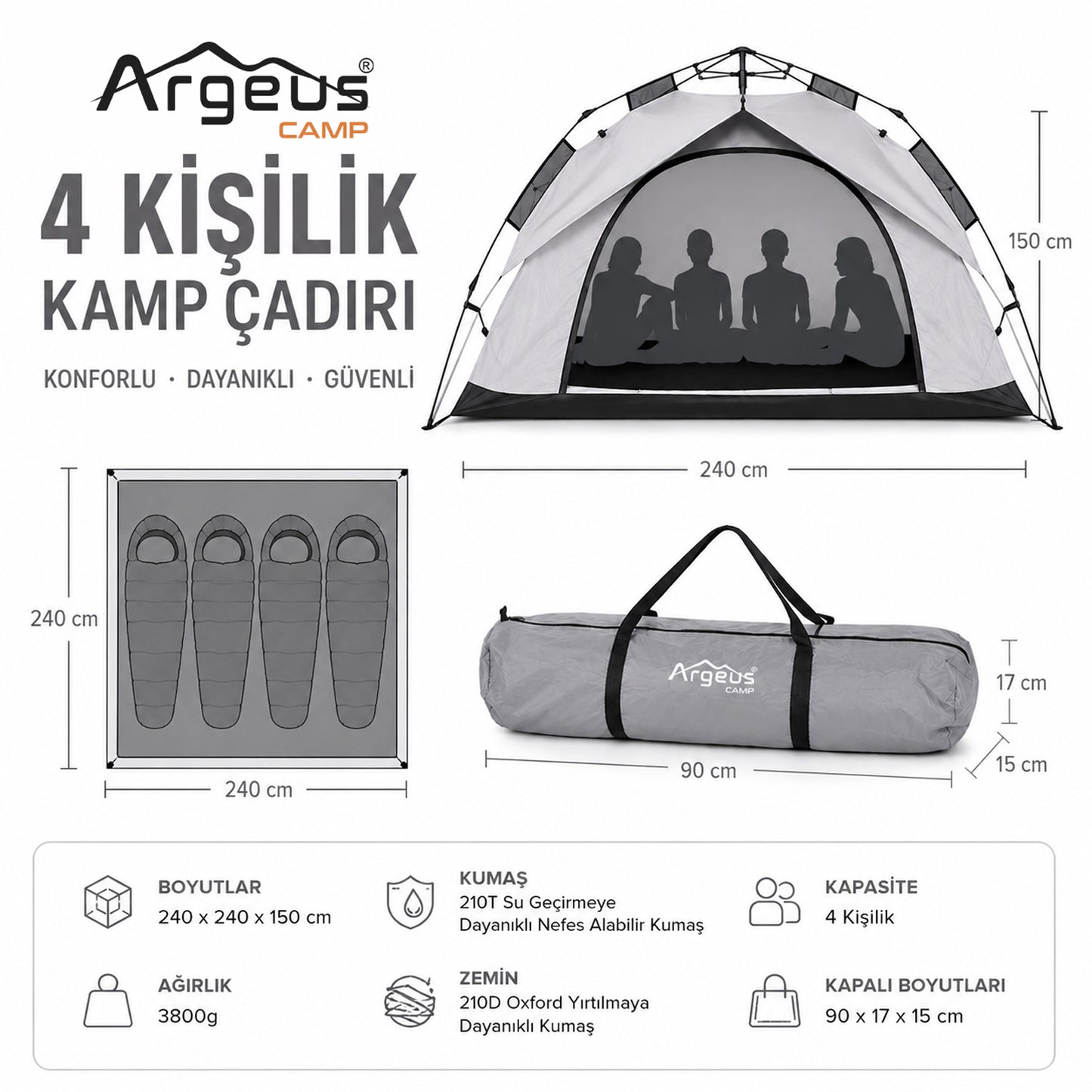 4 Kişilik Otomatik Kurulum Kamp Çadırı Seti - Çadır, Sandalye, Uyku Tulumu, Mat