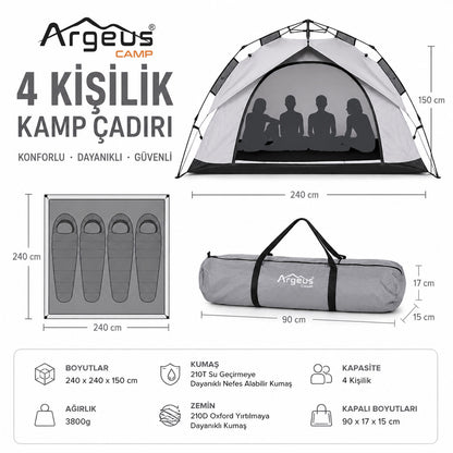 4 Kişilik Otomatik Kurulum Kamp Çadırı Seti - Çadır, Sandalye, Uyku Tulumu, Mat