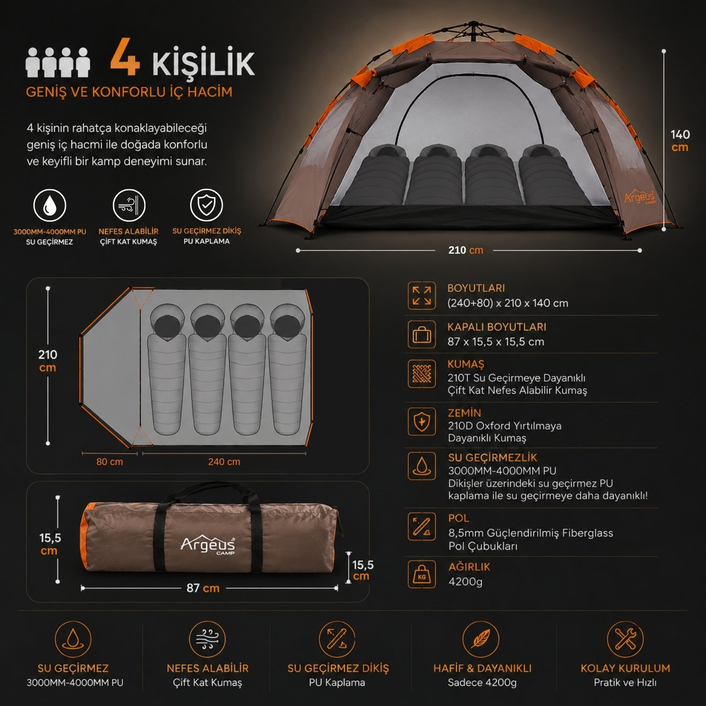 4 Kişilik Otomatik Kurulum Kamp Çadırı - Su Geçirmez - Çift Katlı - Argeus Iglo