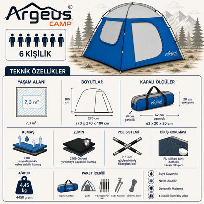 6 Kişilik Gazebo Kamp Gölgeliği - Kamp Çadırı - 270x270x180cm - Argeus Skydome