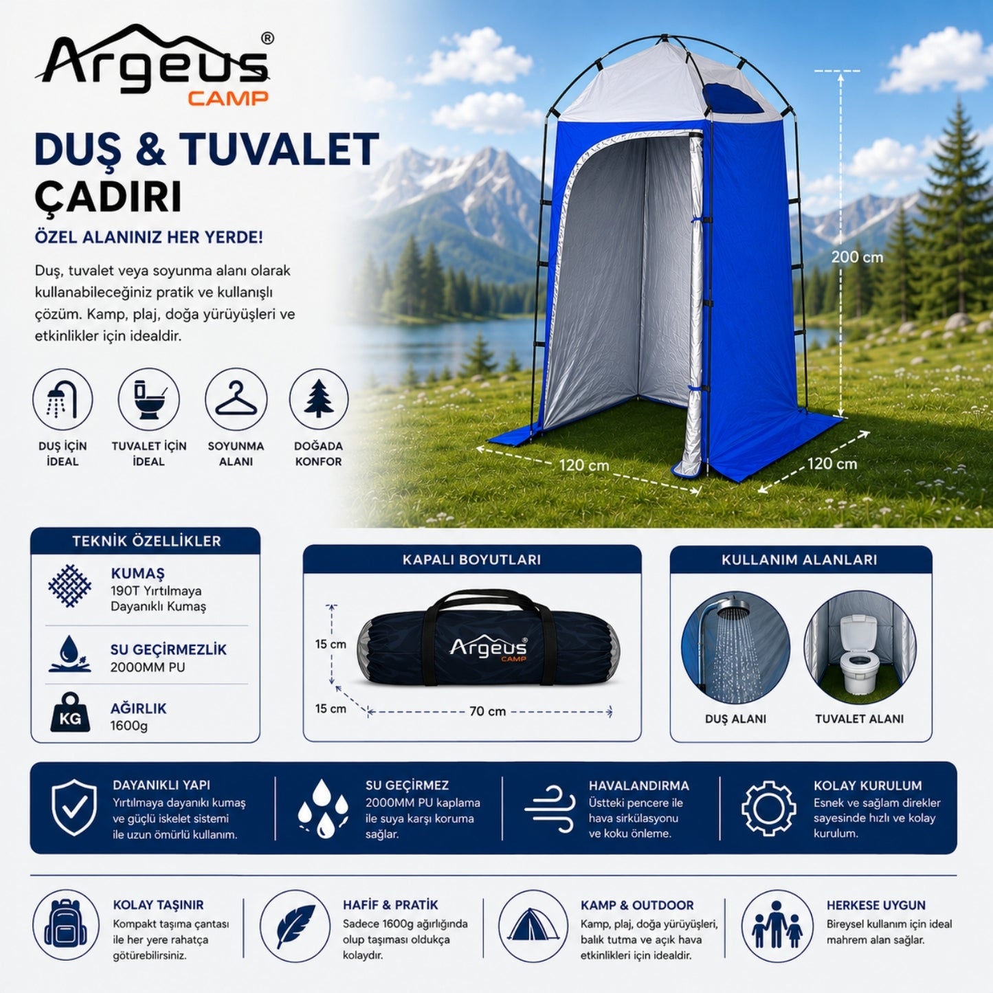 Duş Tuvalet Giyinme Plaj Çadırı - Kamp Duş WC Kabini - Argeus Easy Cabin