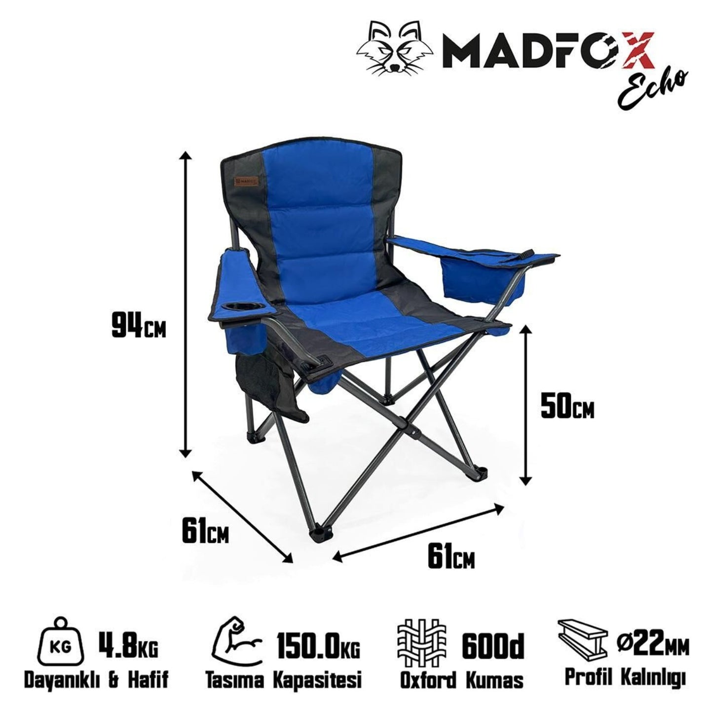 Katlanır Kamp Piknik Sandalyesi - Madfox Echo - Bardaklıklı - Mavi - 547287