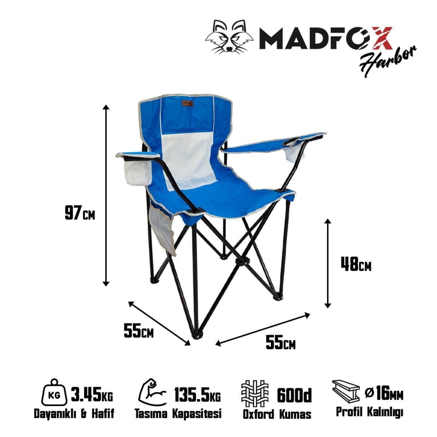 Katlanır Kamp Piknik Sandalyesi - Madfox Harbor - Bardaklıklı - Mavi - 547285