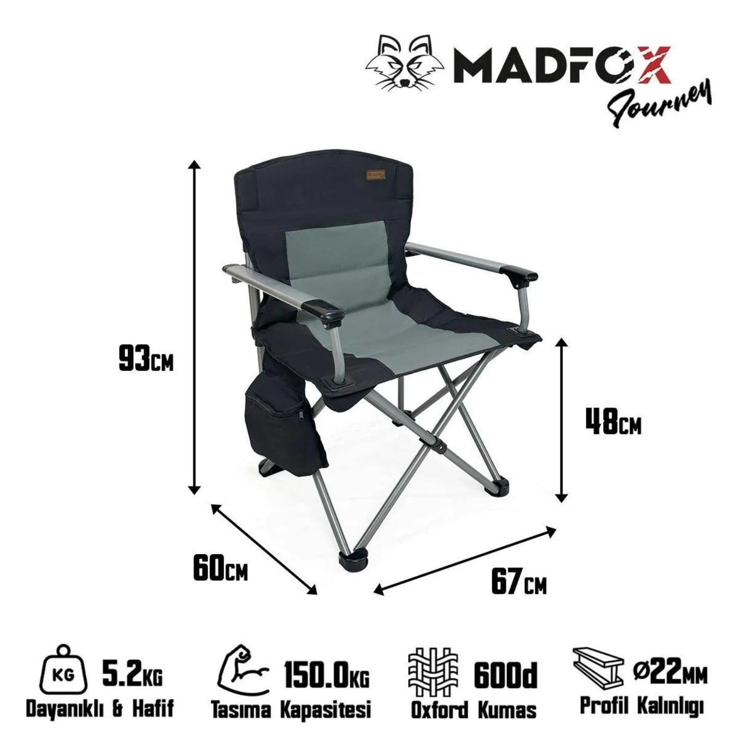 Katlanır Kamp Piknik Sandalyesi - Madfox Journey - Siyah/Gri - 547284
