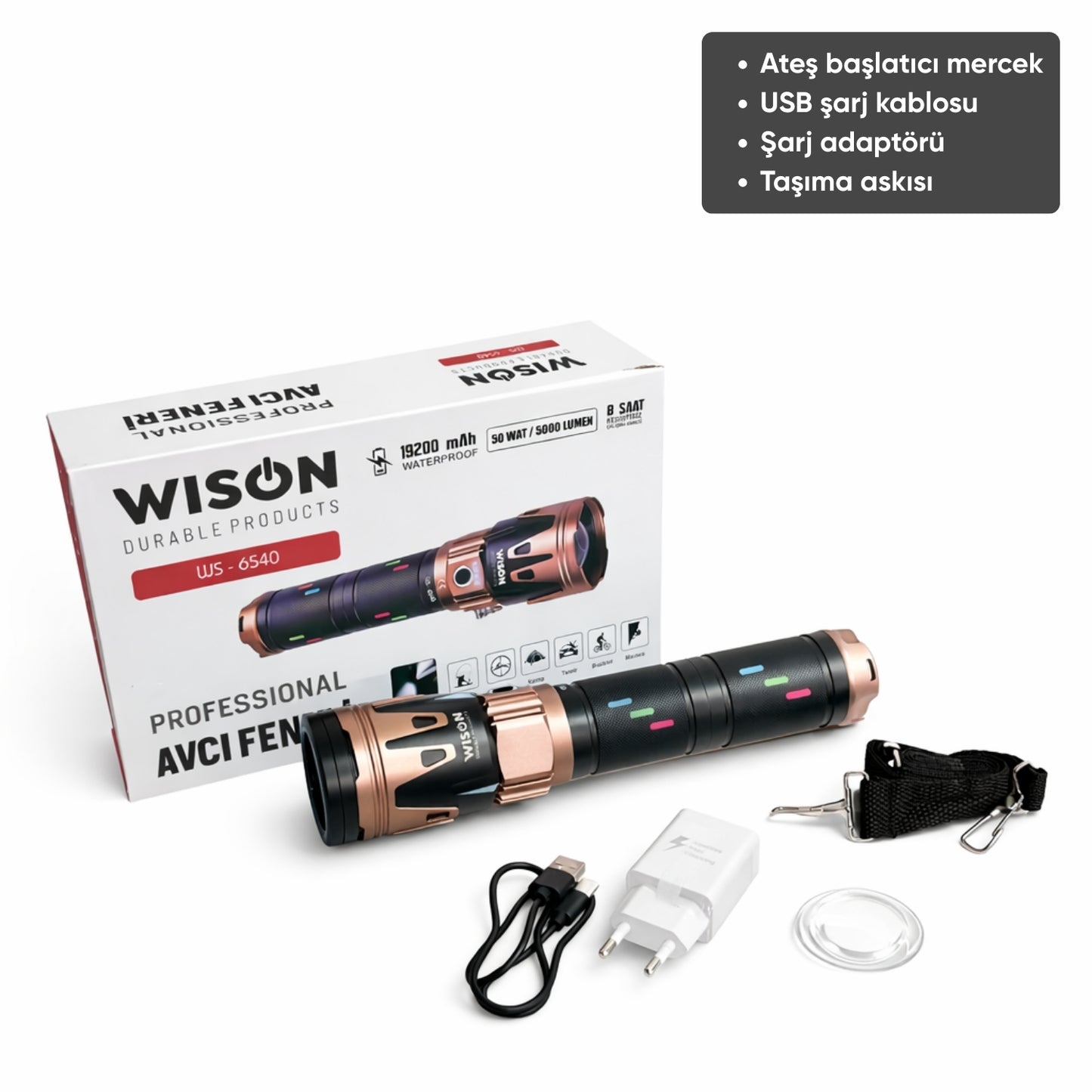 Şarj Edilebilir El Feneri - Wison - 5000 Lümen - 50 Watt - Fosforlu Kasa