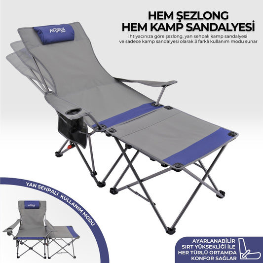 Sırt Ayarlı Katlanabilir Kamp Sandalyesi - 4 Kademeli - Lounge - Gri/Mavi