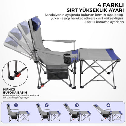 Sırt Ayarlı Katlanabilir Kamp Sandalyesi - 4 Kademeli - Lounge - Gri/Mavi