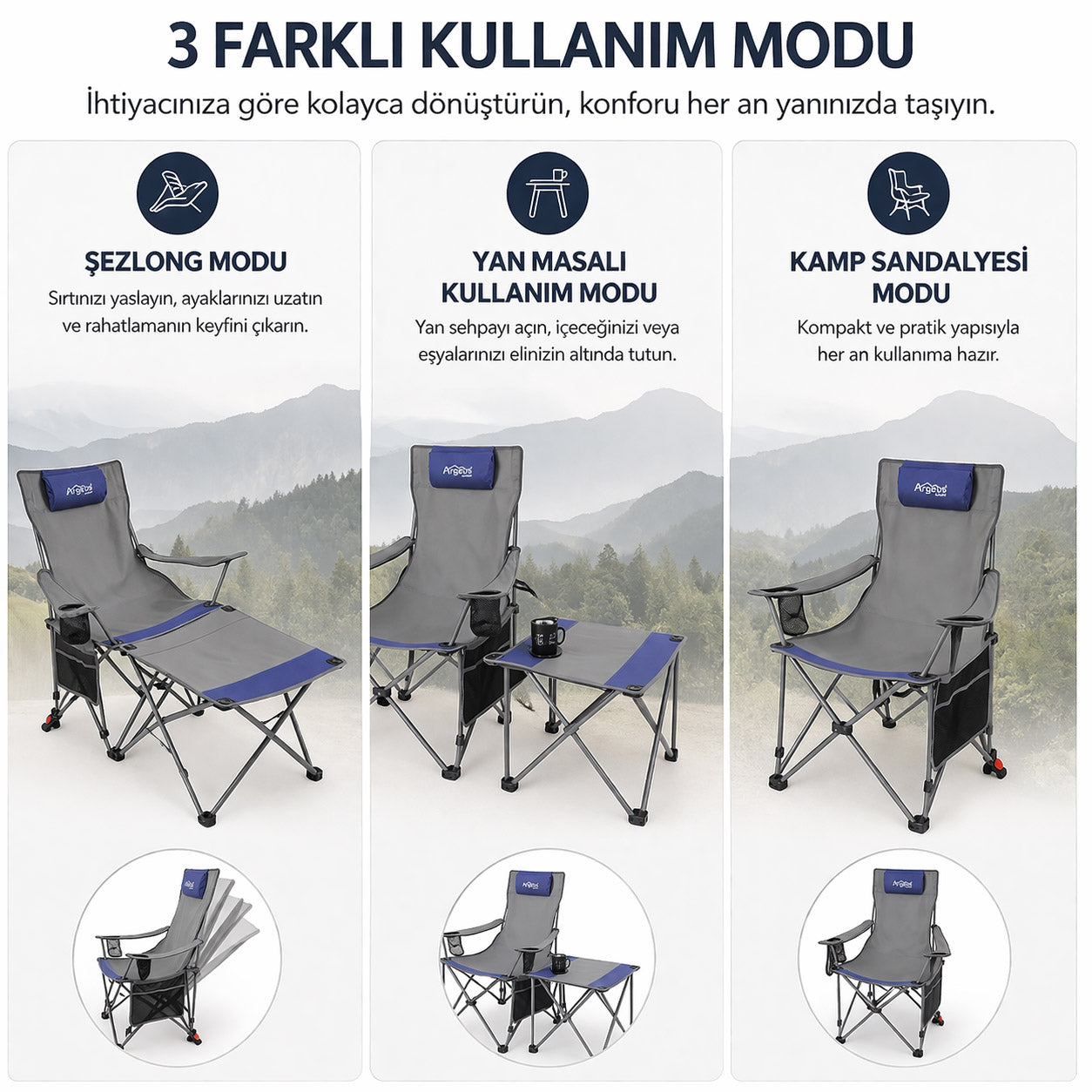 Sırt Ayarlı Katlanabilir Kamp Sandalyesi - 4 Kademeli - Lounge - Gri/Mavi