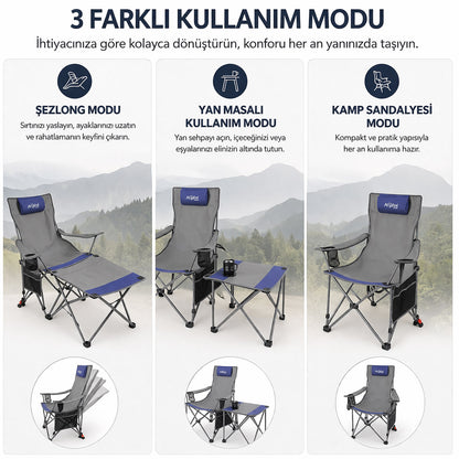 Sırt Ayarlı Katlanabilir Kamp Sandalyesi - 4 Kademeli - Lounge - Gri/Mavi