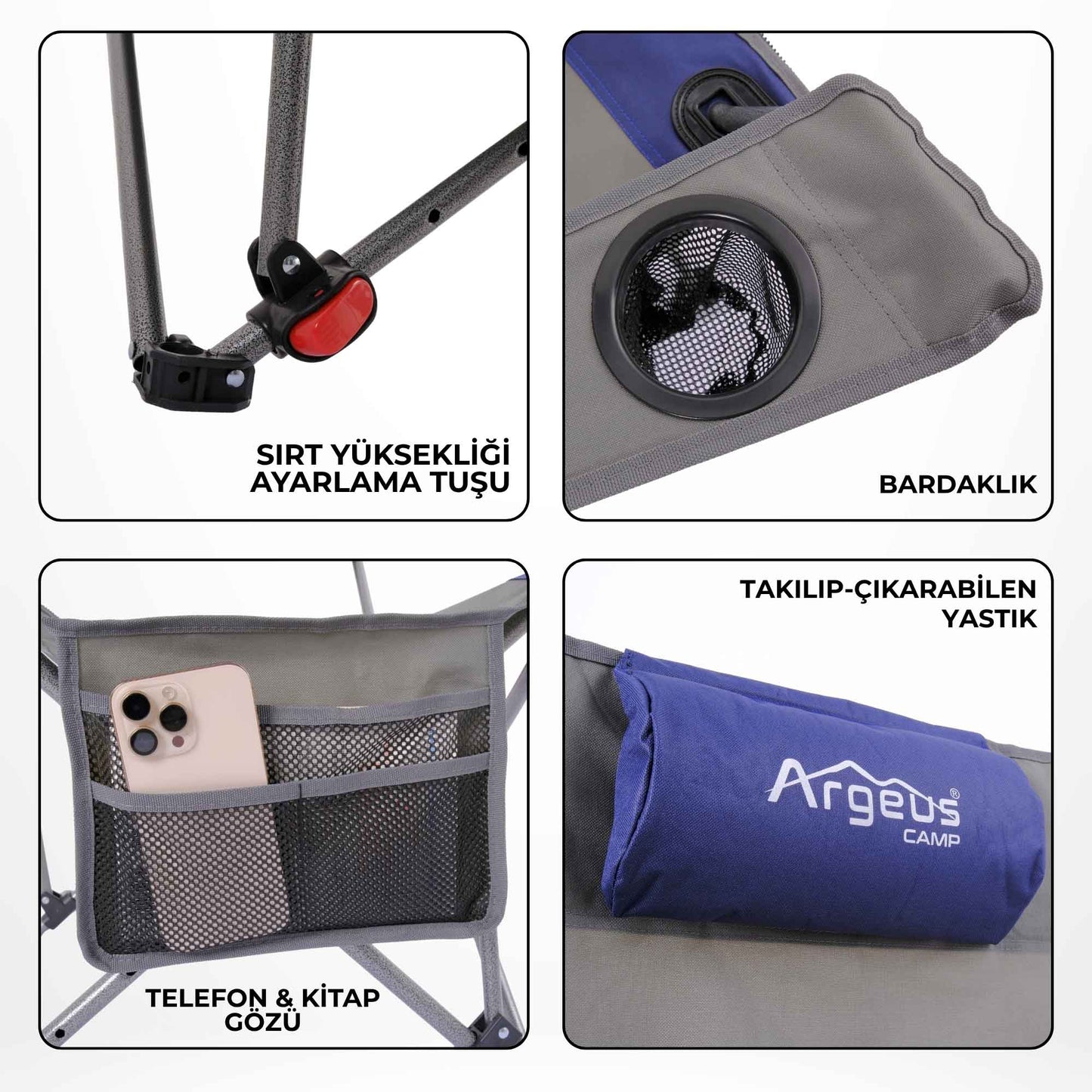 Sırt Ayarlı Katlanabilir Kamp Sandalyesi - 4 Kademeli - Lounge - Gri/Mavi