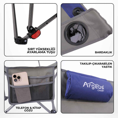 Sırt Ayarlı Katlanabilir Kamp Sandalyesi - 4 Kademeli - Lounge - Gri/Mavi