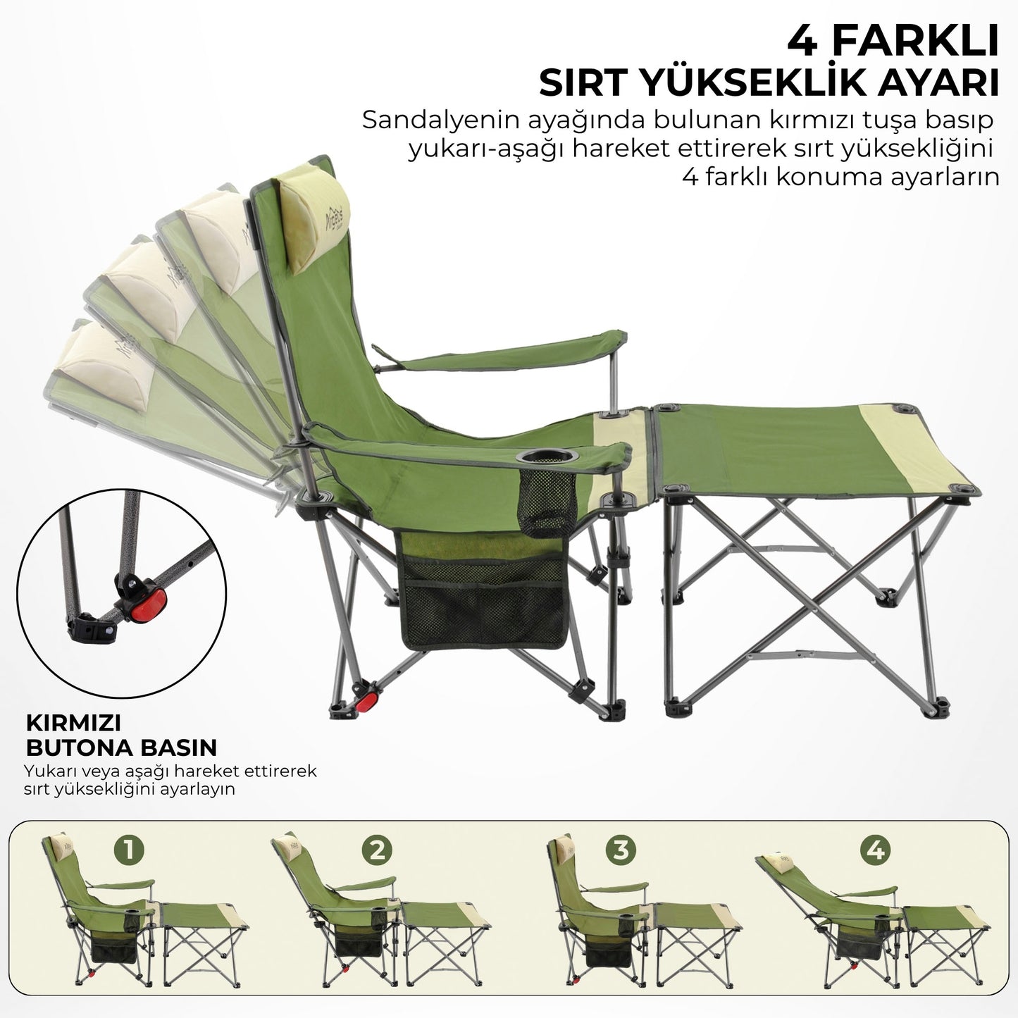 Sırt Ayarlı Katlanabilir Kamp Sandalyesi - 4 Kademeli - Lounge - Haki/Kum