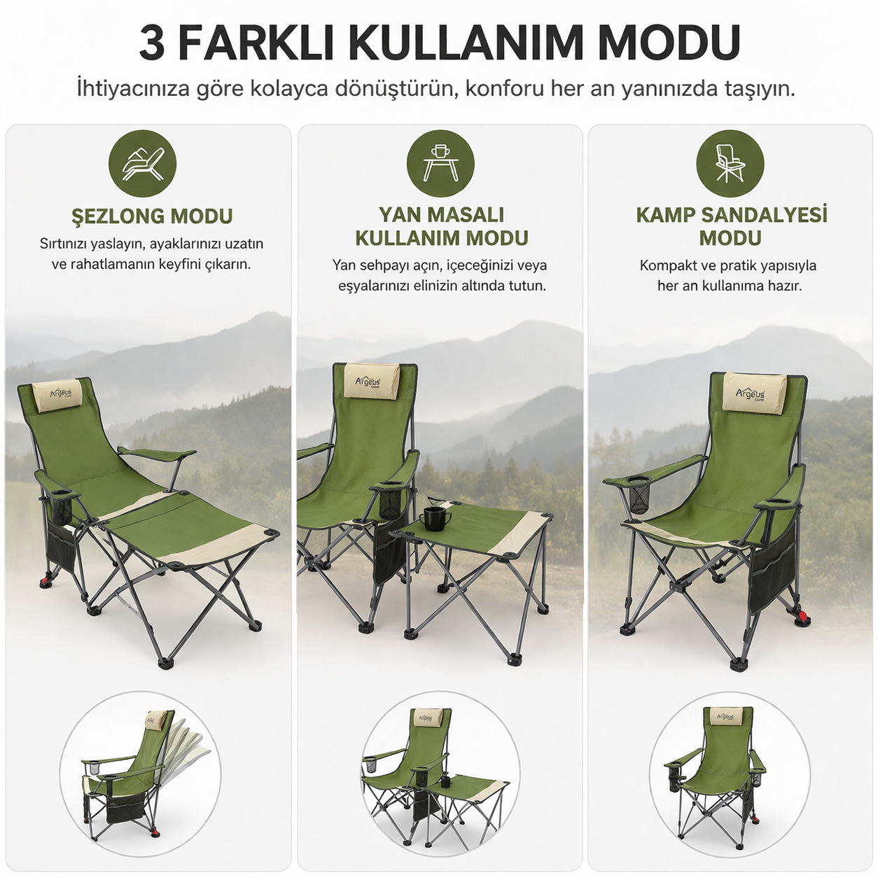 Sırt Ayarlı Katlanabilir Kamp Sandalyesi - 4 Kademeli - Lounge - Haki/Kum